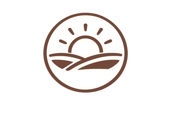 DE NUESTRA COSECHA Logotipo con un sol estilizado sobre campos ondulados.